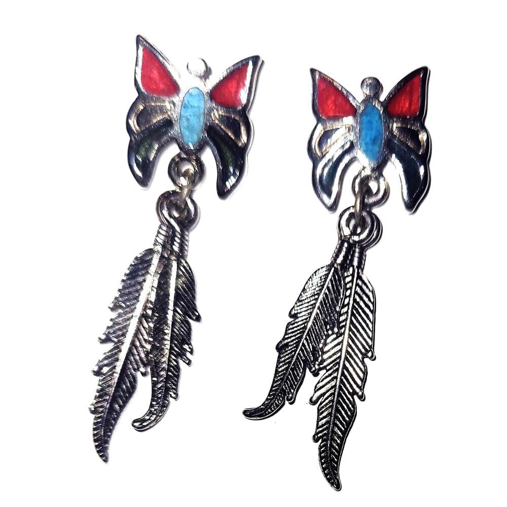 1.5" Vintage Signed Turquoise Coral Butterfly/Feather Earrings